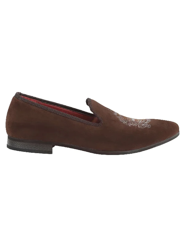 FAUX VELVET EMBROIDERY SUEDE LEATHER LOAFERS IN BROWN