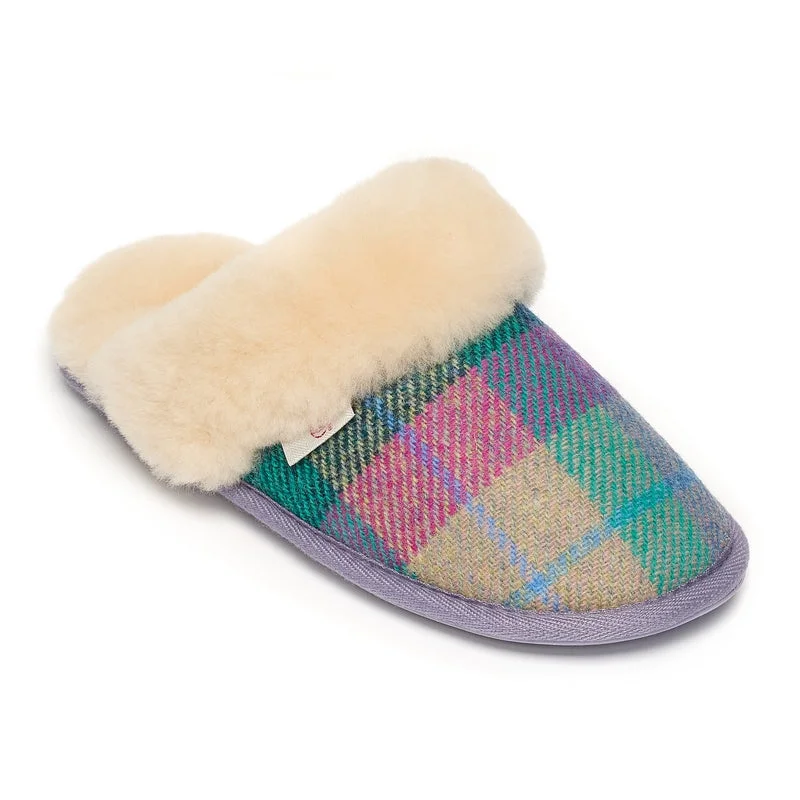 Kate - Harris Tweed Mule - Lilac / Blue check