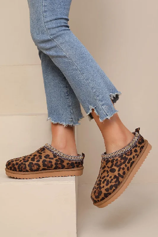 LEOPARD PRINT FAUX SUEDE EMBROIDERED COZY FLUFFY SLIPPERS BOOTS