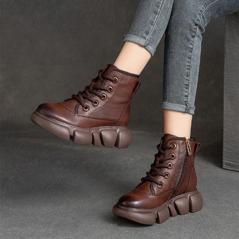 Women Retro Minimalist Leather Furred Platform Boots