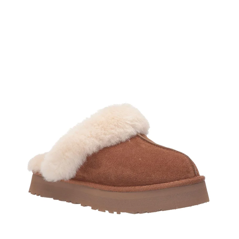 Women's Shoes UGG DISQUETTE Platform Sheepskin & Suede Slippers 1122550 CHESTNUT