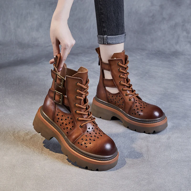 Women Retro Hollow Cutout Leather Boots