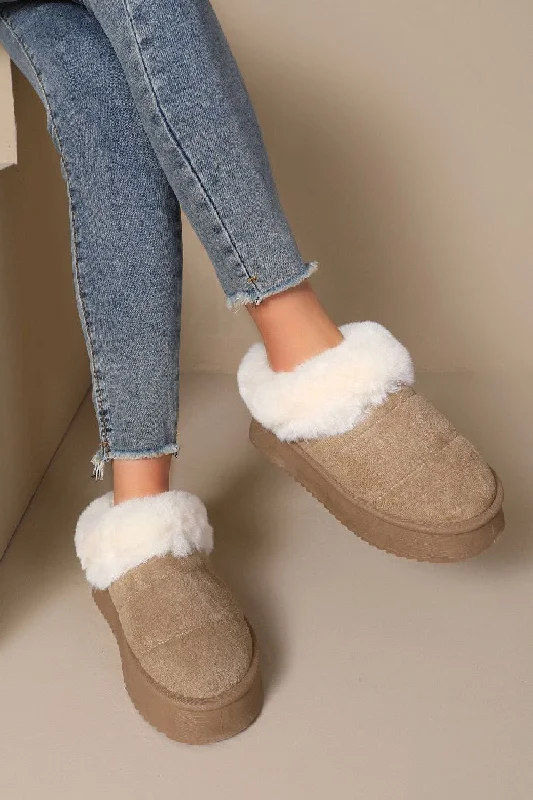 KHAKI ULTRA MINI PLATFORM FAUX FUR LINED FLUFFY SLIPPERS