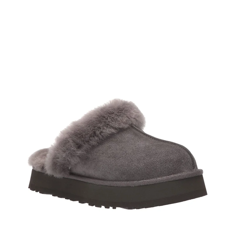 Women's Shoes UGG DISQUETTE Platform Sheepskin & Suede Slippers 1122550 CHARCOAL