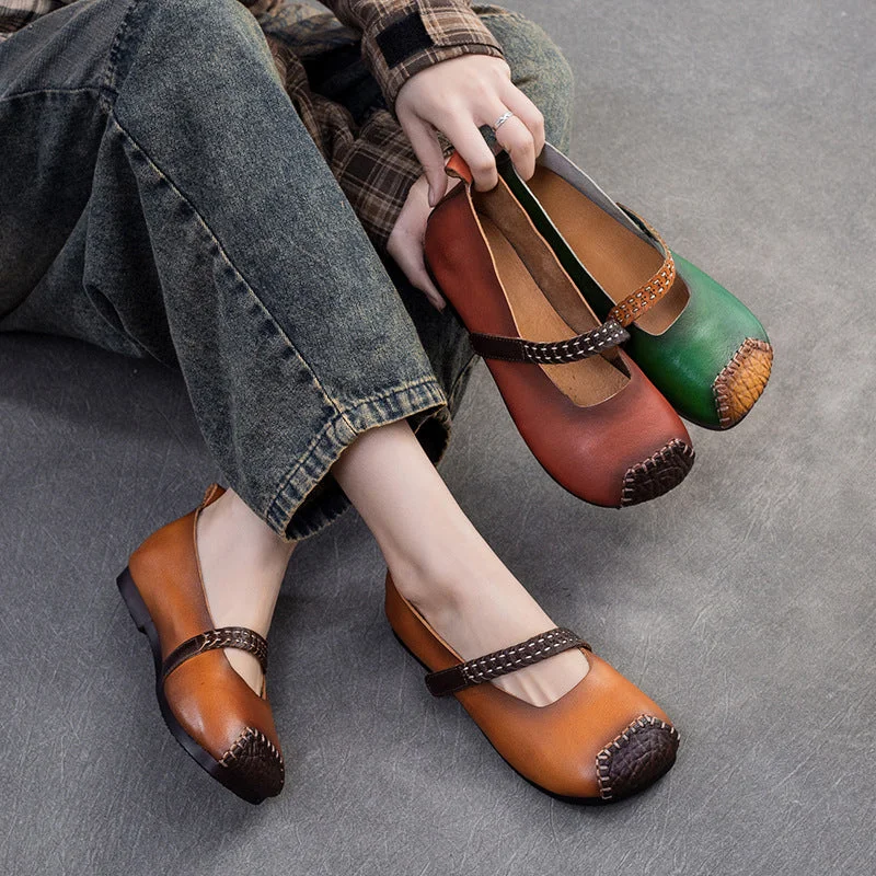 Women Retro Patchwork Leather Casual Flats Shoes