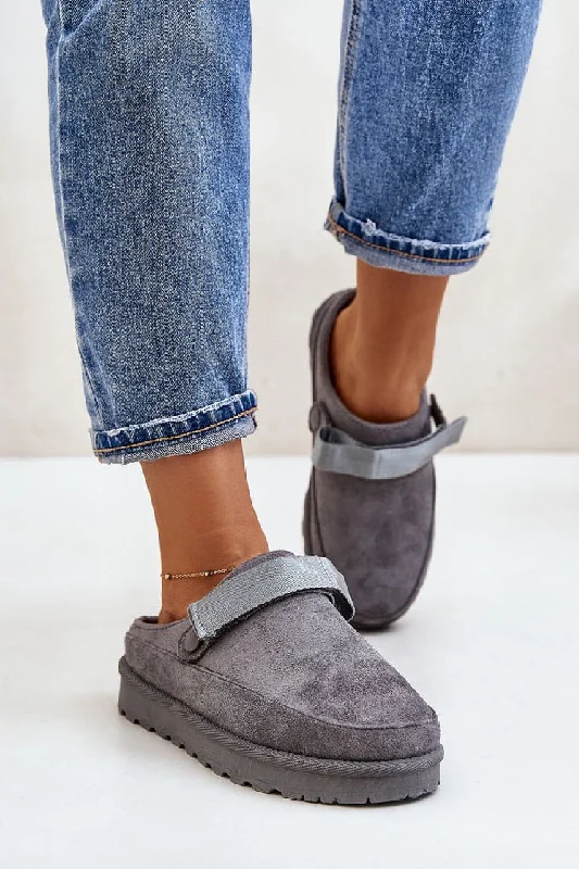 GREY FAUX SUEDE STRAPPY CLOGS SLIP ON MULES SLIPPERS