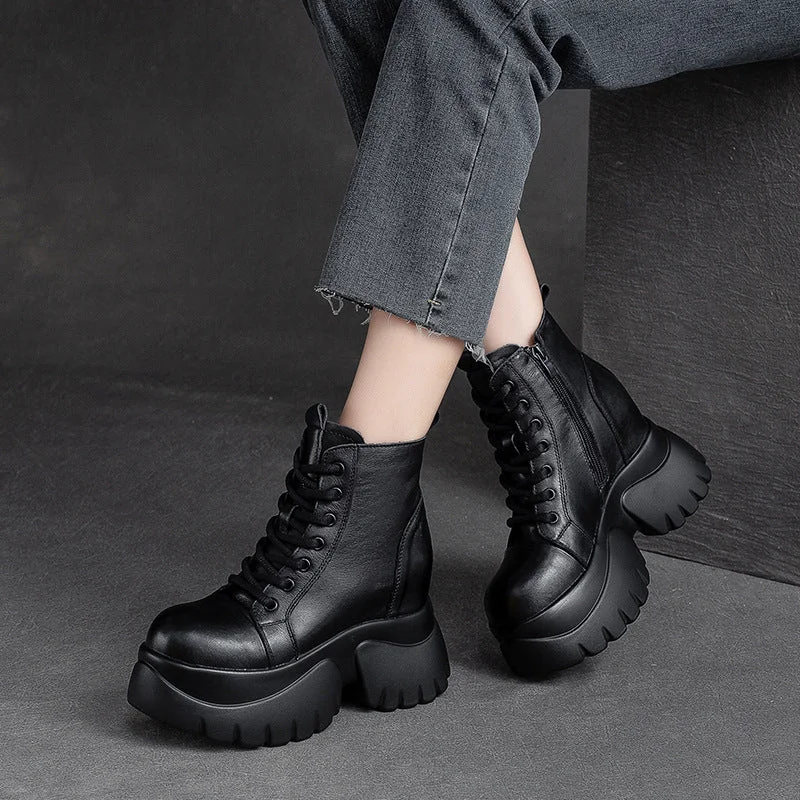 Women Retro Leather Minimalist Chunky Platform Boots