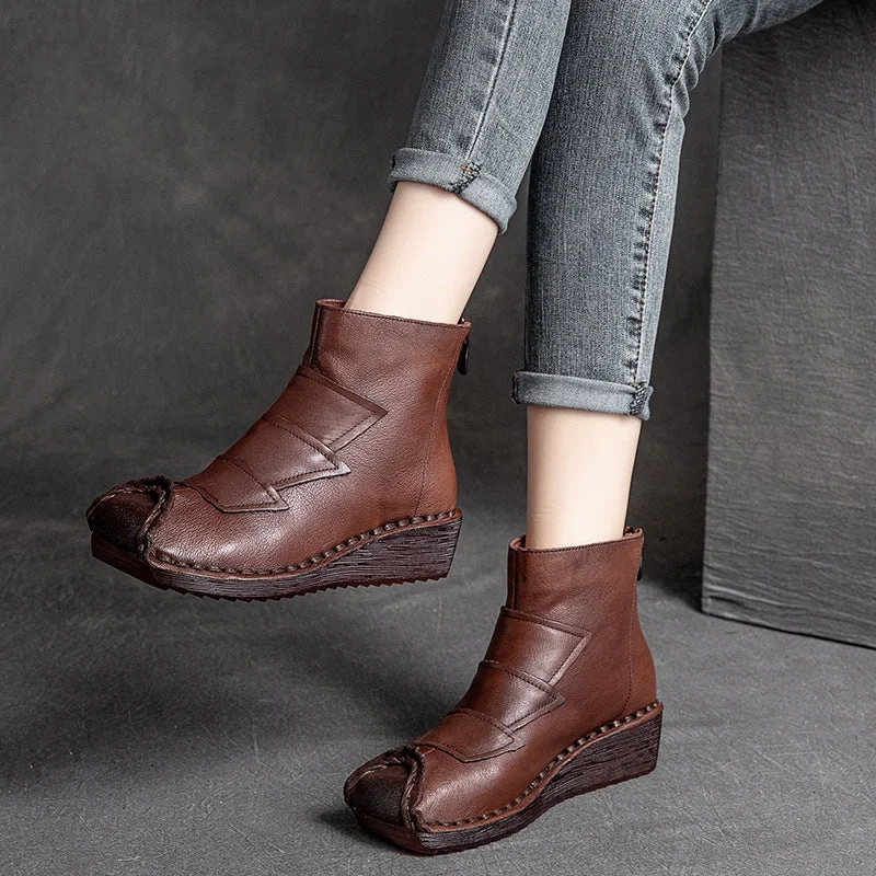 Women Retro Cowhide Low Wedge Casual Boots