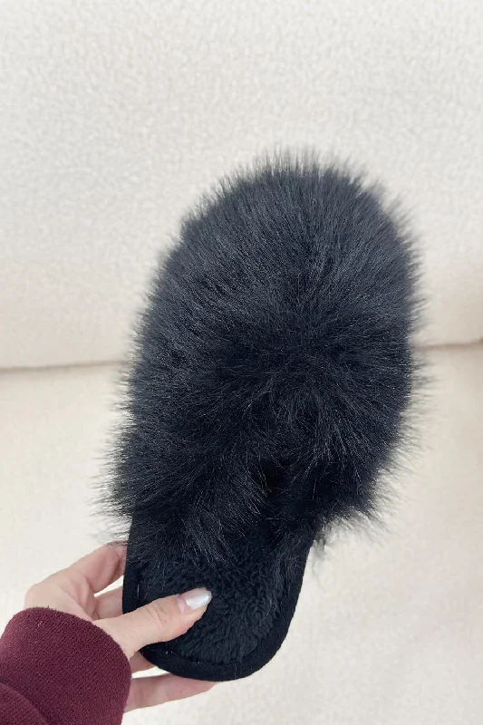 BLACK FAUX FUR FLUFFY SLIPPERS