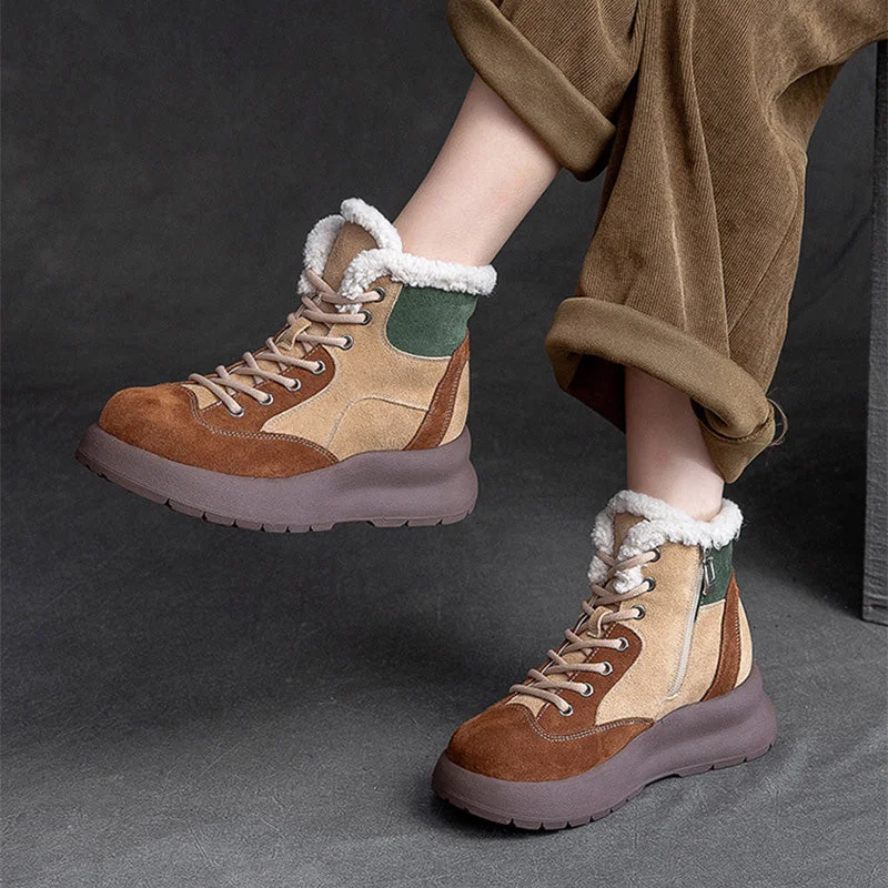 Women Retro Patchwork Leather Furred Snow Boots