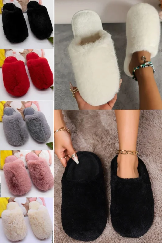 WOMENS MIXED COLOUR FAUX FUR FLUFFY SLIPPERS (PACK OF 36 PAIRS)