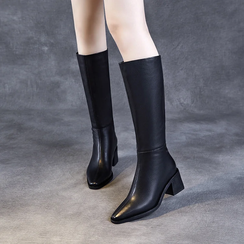 Women Solid Soft Leather Winter High Heel Riding Boots