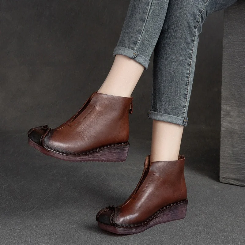 Women Retro Low Wedge Leather Ankle Boots