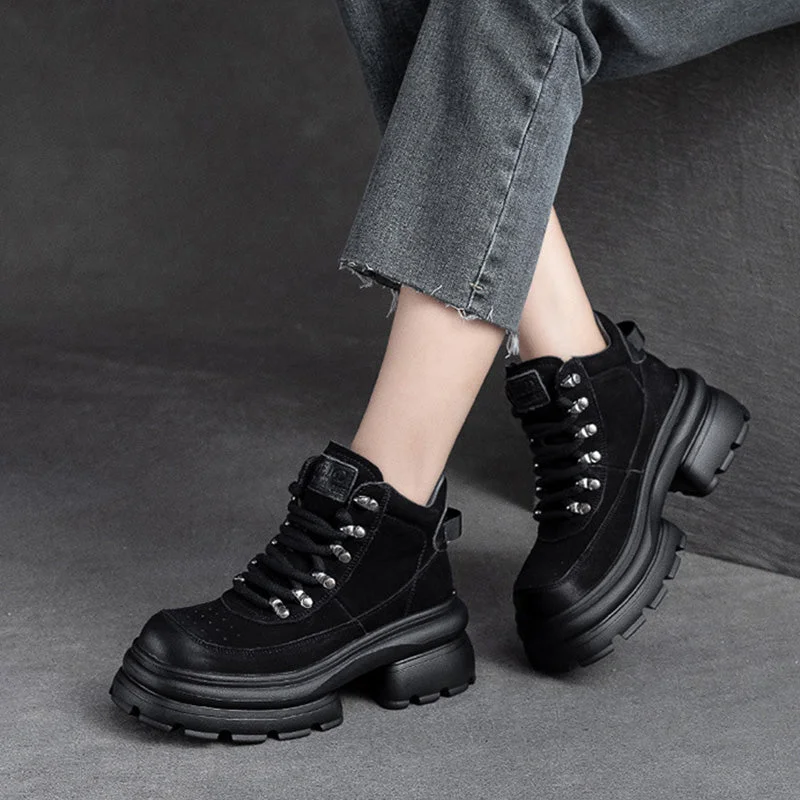 Women Retro Leather Chunky Platform Ankle Boots