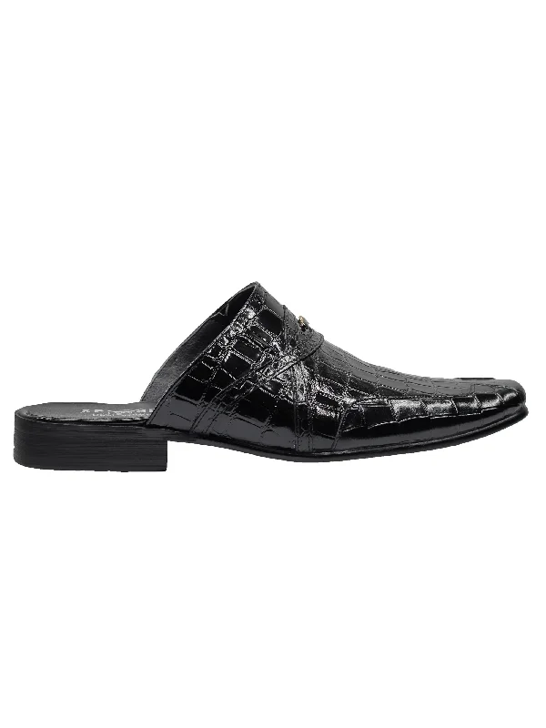 REAL LEATHER BLACK SHINY PRINTED HALF SHOES