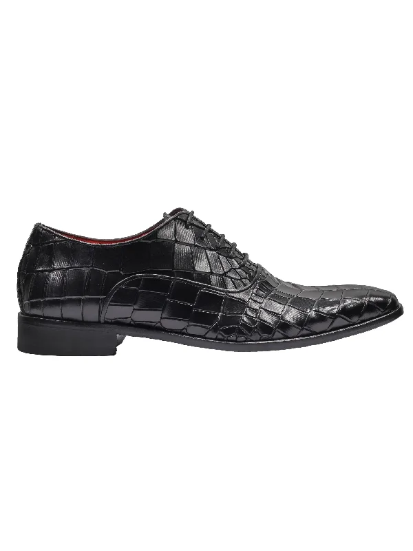 BLACK – CROCO PRINTED LEATHER OXFORDS