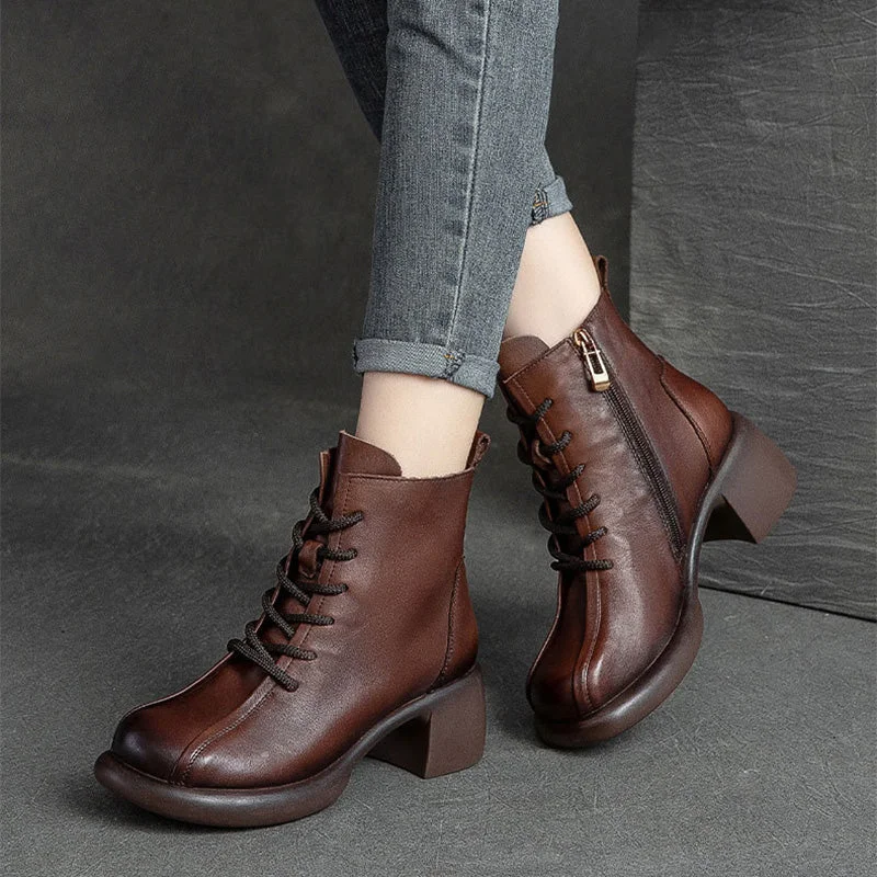 Women Retro Soft Leather Chunky Heel Boots