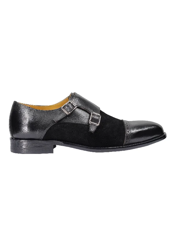 Leather & Suede Black Double Monk Shoes