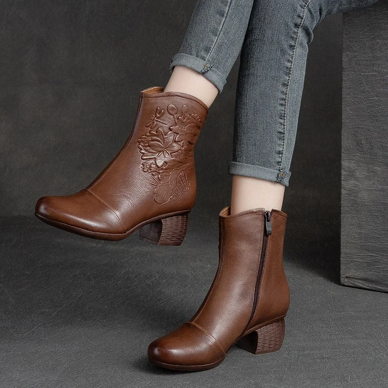 Women Retro Figured Leather Chunky Heel Mid-Calf Boots