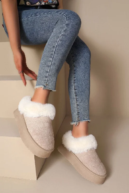 BEIGE ULTRA MINI PLATFORM FAUX FUR LINED FLUFFY SLIPPERS