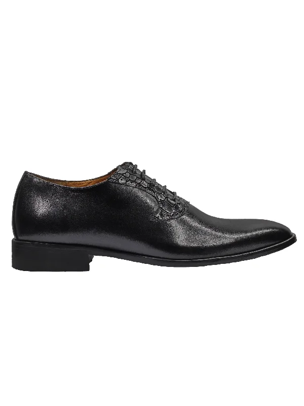 BLACK CALF LEATHER CROC PRINT WHOLECUT OXFORDS