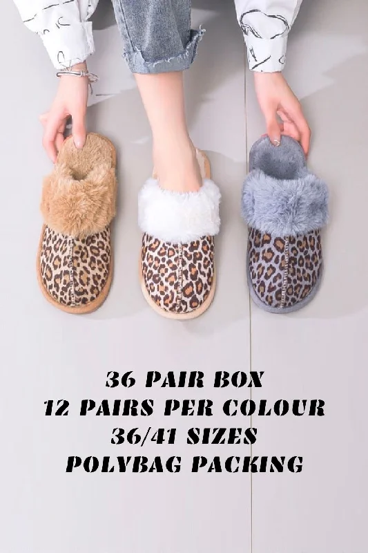 ANIMAL PRINT FAUX FUR LINED FLUFFY CASUAL SLIPPERS (PACK OF 36 PAIRS)