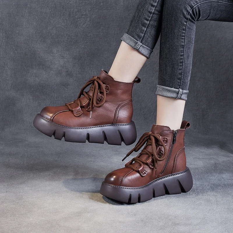 Women Retro Minimalist Leather Platform Boots