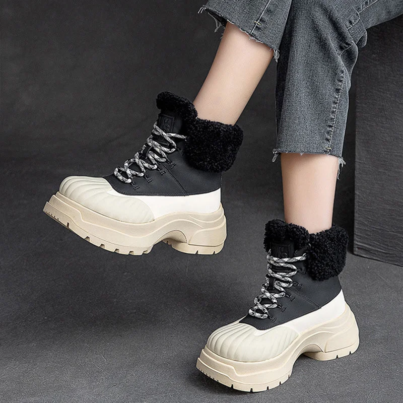 Women Fashion Leather Chunky Platform Snow Boots