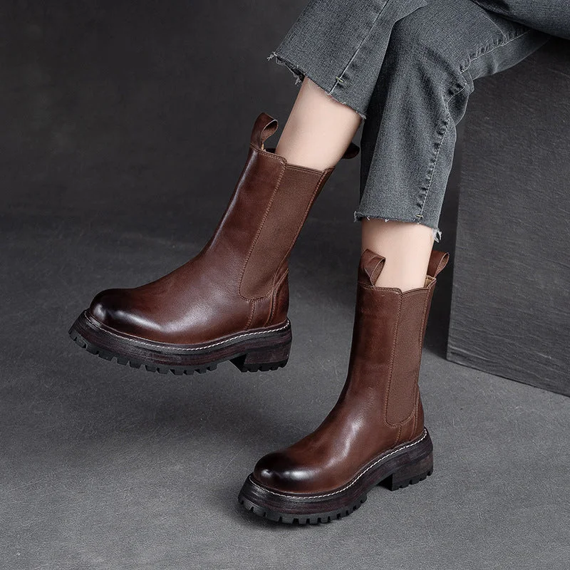 Women Retro Minimalist Leather Mid-Calf Boots