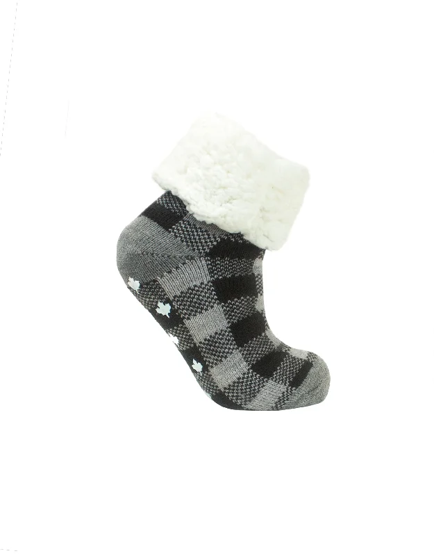 Maple Leaf Buffalo Plaid Ankle Slipper Sock - Black