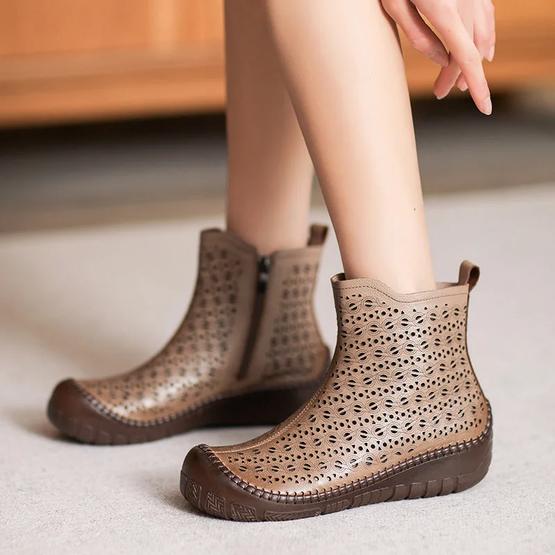 Women Casual Hollow Leather Handmade Ankle Boots