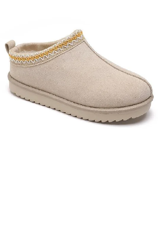 BEIGE FAUX SUEDE EMBROIDERED COZY FLUFFY SLIPPERS BOOTS