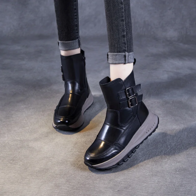 Women Minimalism Solid Leather Woolen Snow Boots