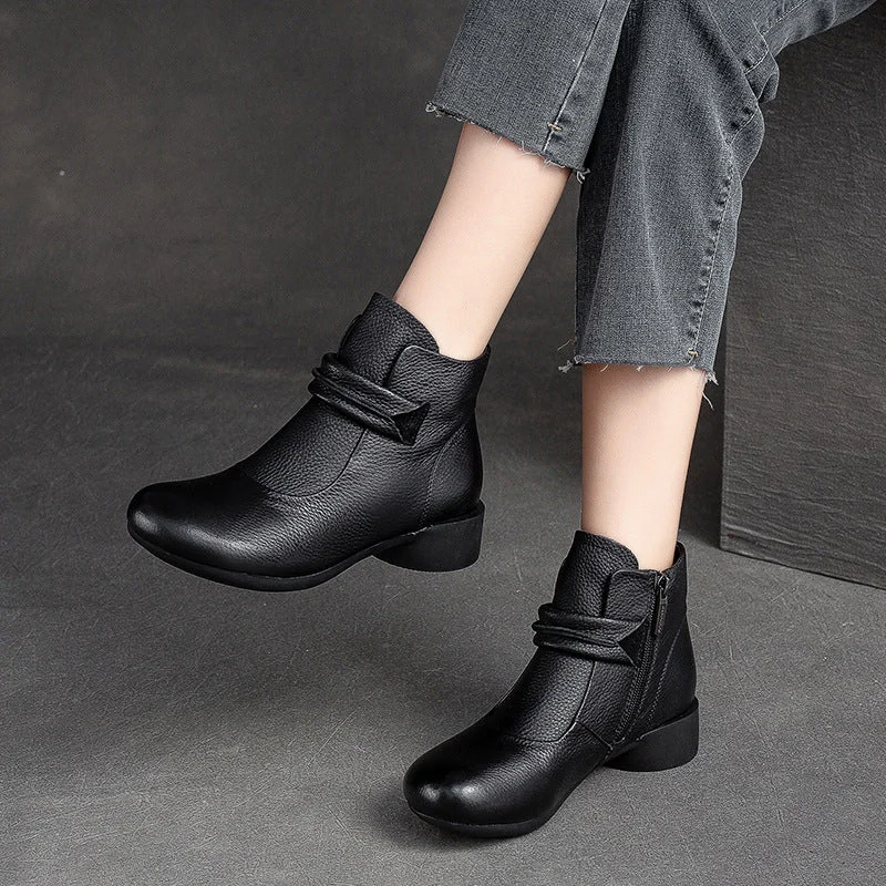 Women Retro Leather Low Heel Ankle Boots