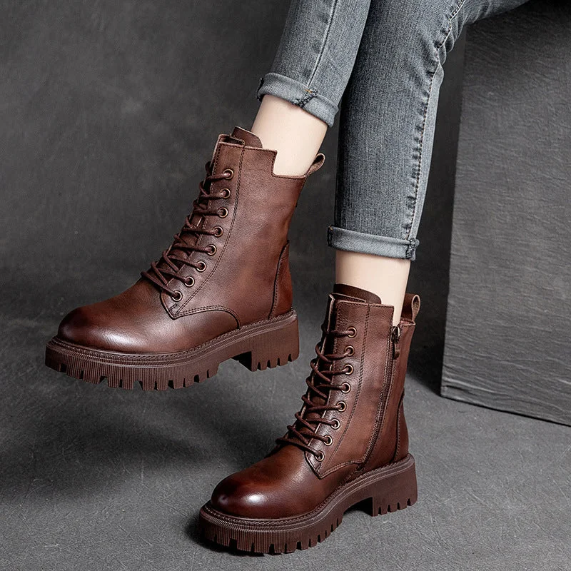 Women Retro Casual Leather Thick Soled Boots