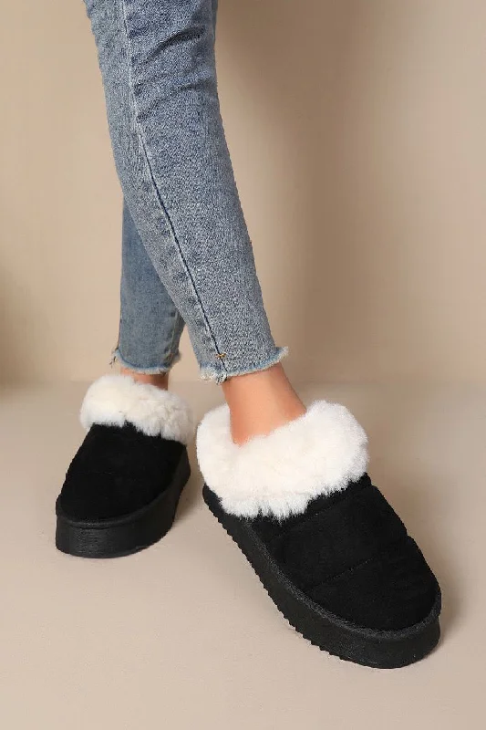 BLACK ULTRA MINI PLATFORM FAUX FUR LINED FLUFFY SLIPPERS