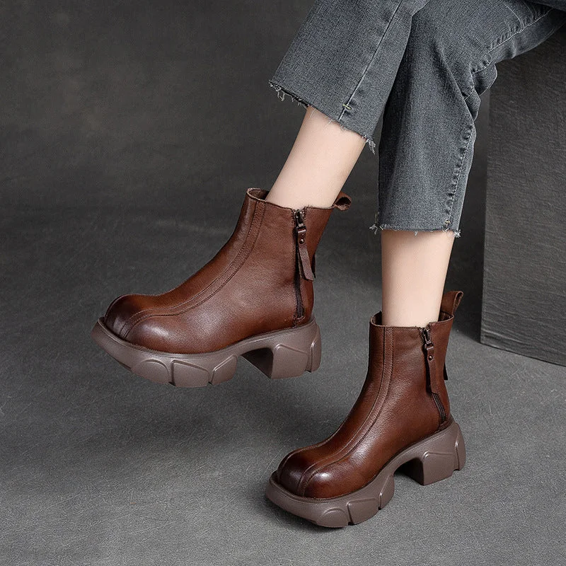 Women Retro Minimalist Casual Leather Chunky Heel Boots