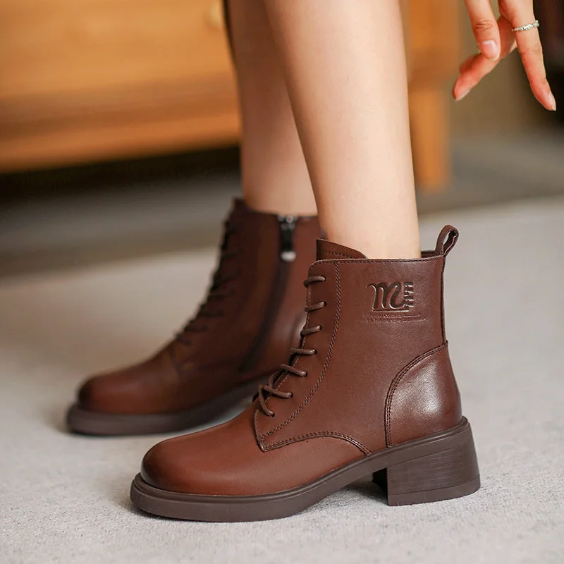 Women Retro Leather Chunky Soled Casual Boots