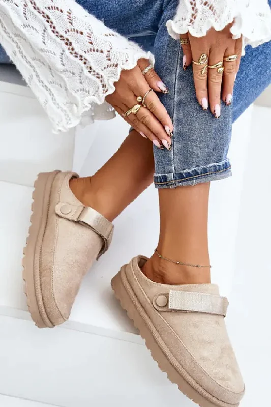 BEIGE FAUX SUEDE STRAPPY CLOGS SLIP ON MULES SLIPPERS