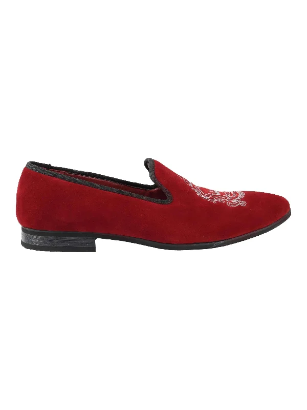 FAUX LEATHER VELVET EMBROIDERY LOAFERS IN MAROON