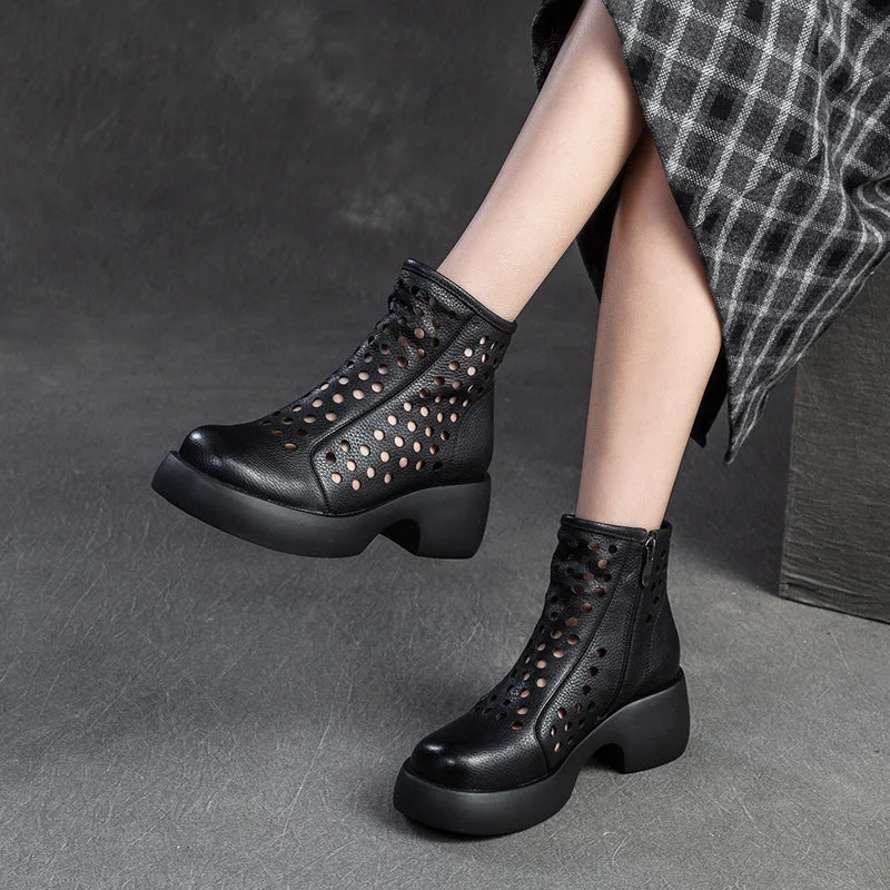 Women Minimalist Hollow Leather Chunky Platform Boots