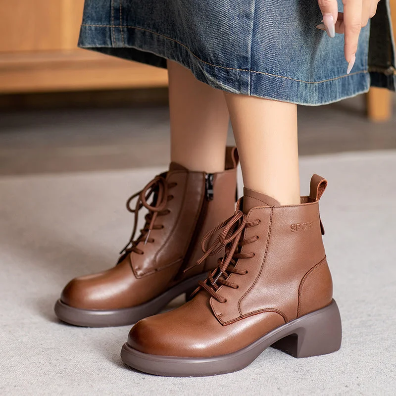 Women Retro Solid Leather Low Block Ankle Boots