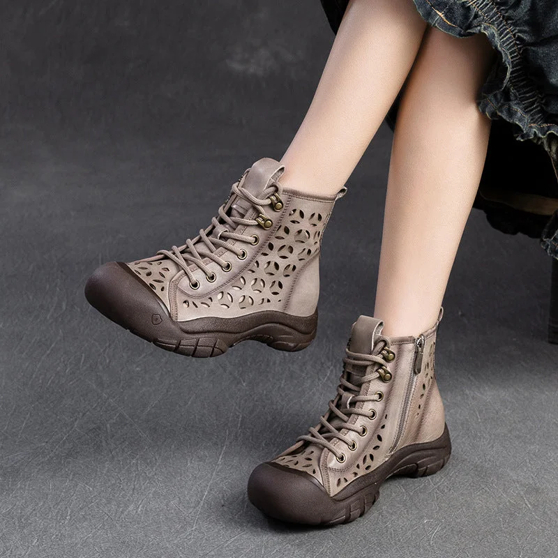 Women Retro Breathable Hollow Leather Casual Boots