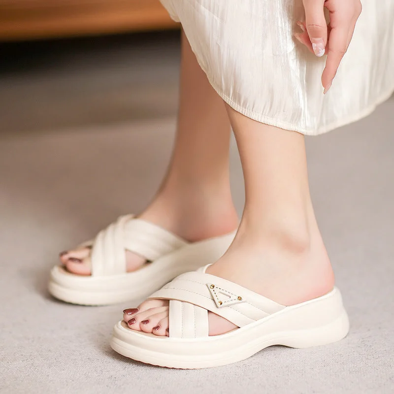 Women Summer Casual Leather Platform Slides Sandals