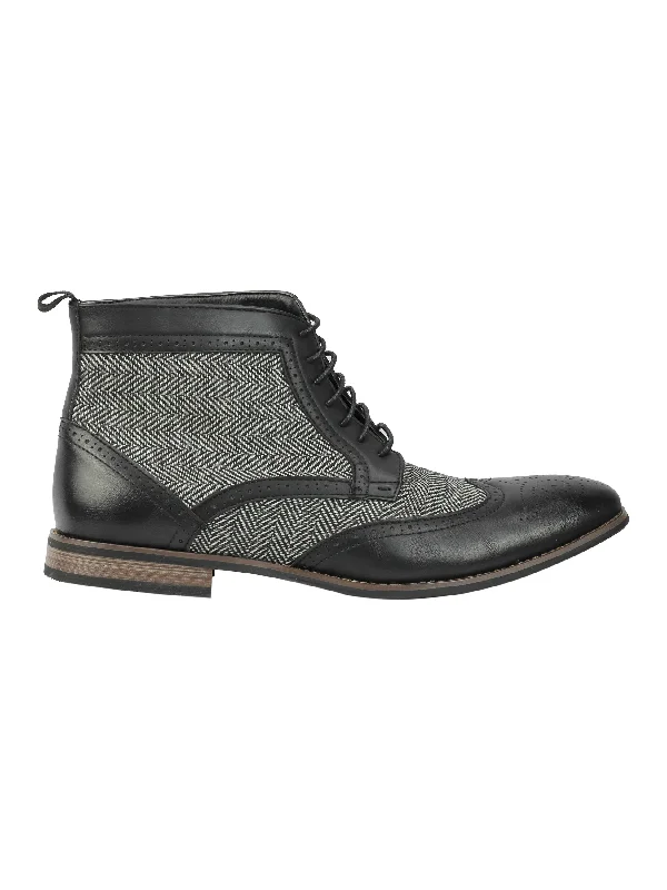 FAUX LEATHER TWEED BROGUE BOOTS LACE UPS