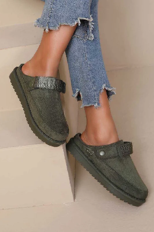 GREEN FAUX SUEDE STRAPPY CLOGS SLIP ON MULES SLIPPERS