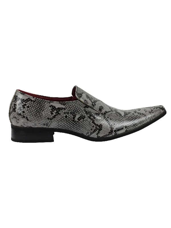 FAUX LEATHER SHINY PRINTED SLIP ON SHOES IN GREY