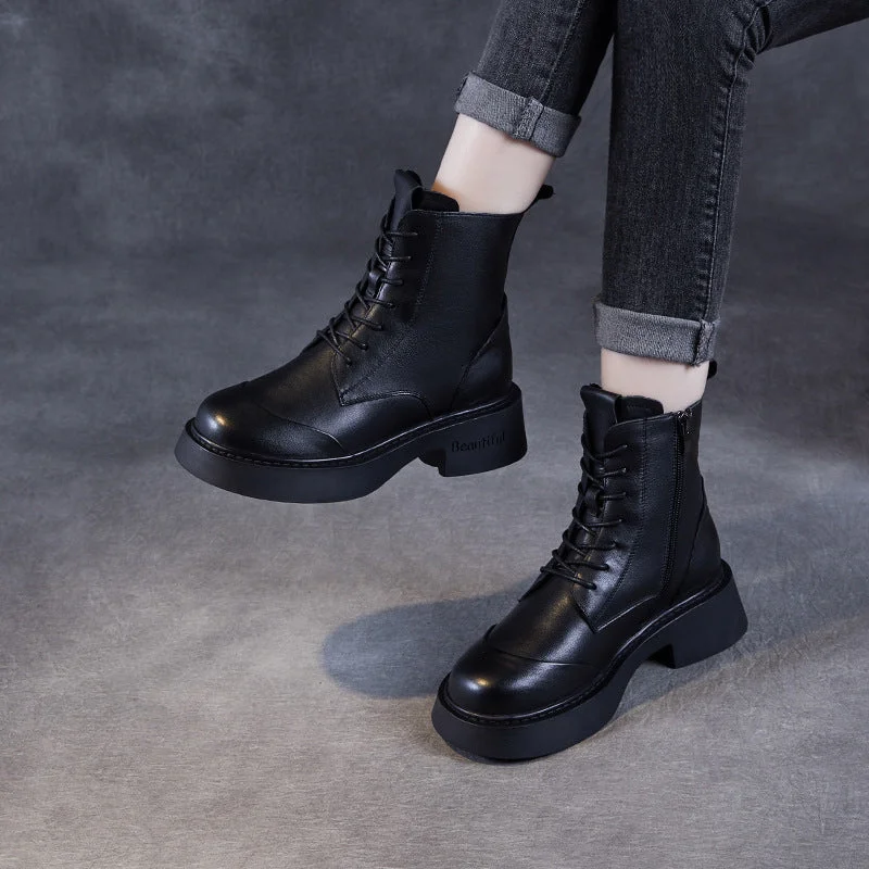 Women Classic Solid Leather Low Block Boots