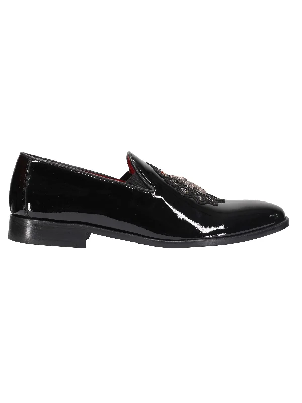 BLACK LEATHER SOLE SHOES WITH EMBROIDERY CROWN & BEE