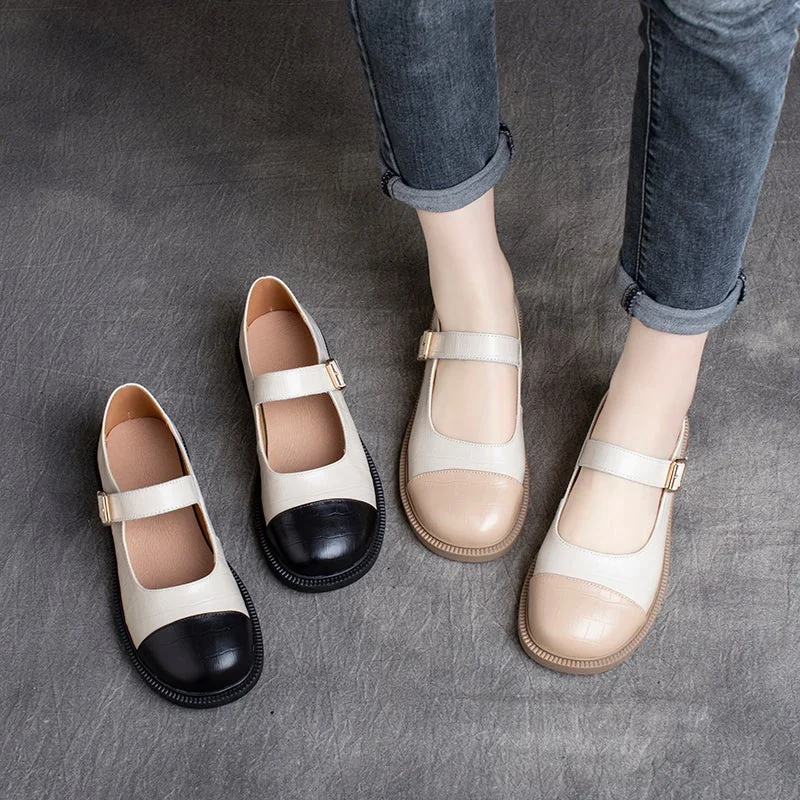 Women Spring Retro Leather Velcro Soft Sole Loafers